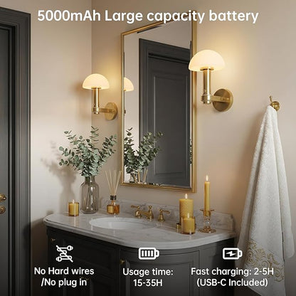 Wireless Wall Sconce Set of 2 for Bedroom Living Room, Battery Operated Wall Sconce Decor Light with Remote & 5000mAh Rechargeable, Gold Mushroom Wall Lamps for Hallway Bathroom Vanity