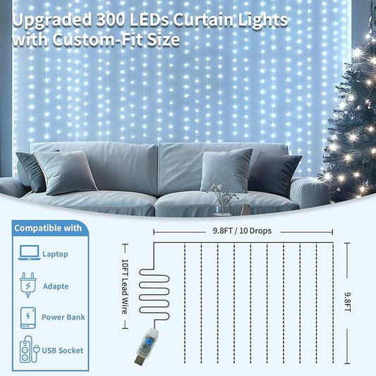 2 Pack Fairy Curtain Lights, 300 LED Upgraded Tangle-Free Hanging Lights with Remote, USB Plug in String Lights for Wall Window Wedding Party Xmas Home Décor - 9.8 x 9.8 Ft, Cool White