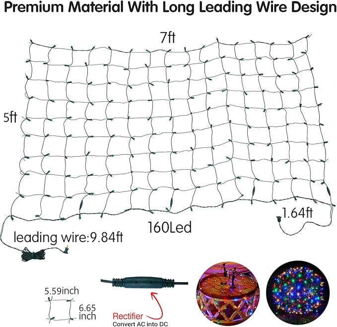 Dirnun Led Christmas Net Lights Outdoor Christmas Lights Multicolor 160LED 5ftx7ft, Waterproof Outdoor Indoor Fairy Mesh Net Light for Xmas Party, Yard, Patio, Trees, Shrubs, Bushes Decorations