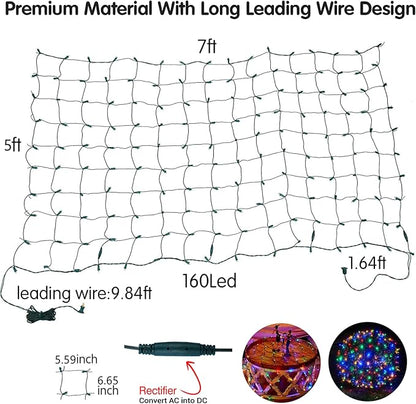 Dirnun Led Christmas Net Lights Outdoor Christmas Lights Multicolor 160LED 5ftx7ft, Waterproof Outdoor Indoor Fairy Mesh Net Light for Xmas Party, Yard, Patio, Trees, Shrubs, Bushes Decorations