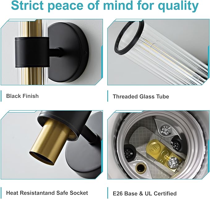 Bathroom Light Fixtures 2 Pack Hardwired, Black Gold Wall Sconce Threaded Glass Vanity Light Featuring Two E26 sockets, Bathroom Wall Light Dimmable - Bulb Not Included, UL Certification