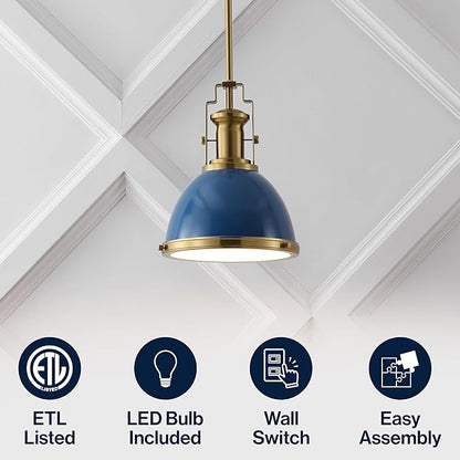 JONATHAN Y JYL9535G 10" Modern Industrial Dome Pendant Light, Farmhouse Hanging Light Fixture in Navy and Brass Gold, Adjustable Height Metal Lighting for Kitchen Island, Dining Room, Entryway