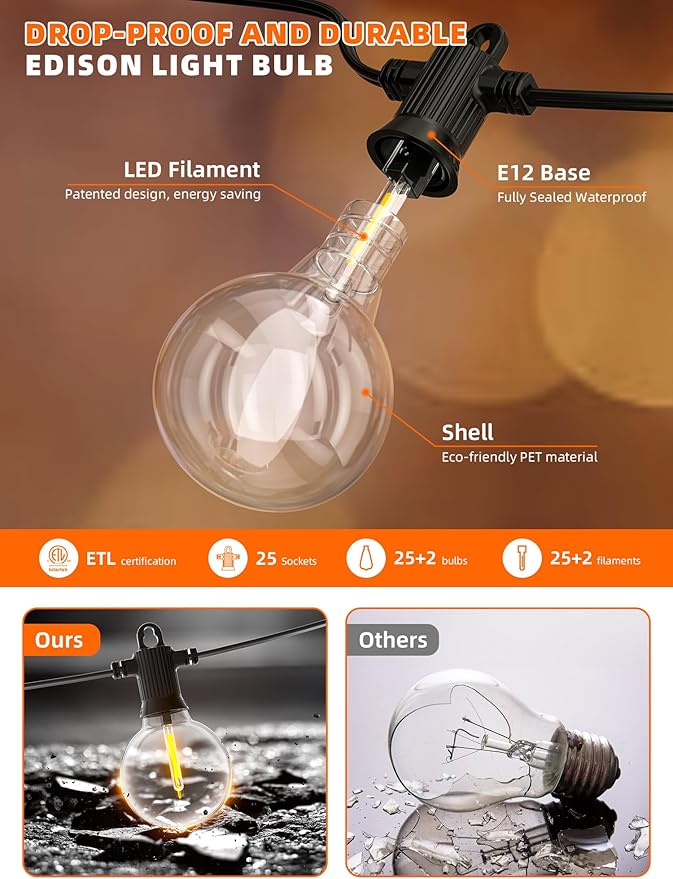Kawaya Outdoor Solar String Lights, IP65 Waterproof Shatterproof Edison Hanging Lights with USB-Charging LED Solar Patio Light for Yard Fence Porch Camping Party and Garden Decor