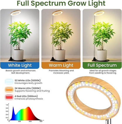 LBW Grow Lights for Indoor Plants, 6.3" Full Spectrum Plant Light with Base, 65" Height Adjustable Grow Lamp, 6/8/12/16H Timer, 3 Colors, 5 Dimmable Levels, for Tall Large Plants, Bamboo Grain, 2 Pack