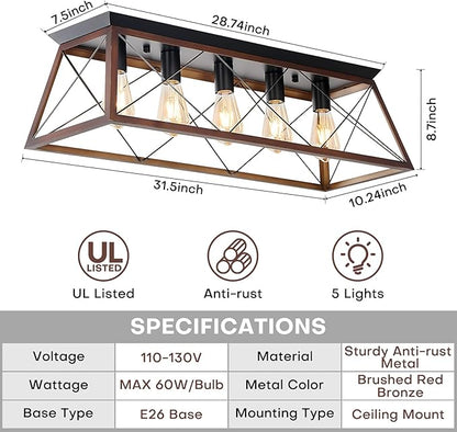 31.5" Flush Mount Ceiling Light, 5-Light Industrial Vintage Chandelier with Matte Black & Brushed Bronze Finish, Large Close to Ceiling Lighting for Dining Room, Kitchen Island, Living Room, Hallway