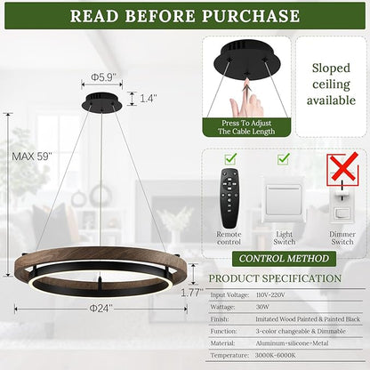 LED Ring Chandelier Modern Round LED Pendant Light 24in Walnut Wood & Black Chandelier Dimmable Ceiling Pendant Light Fixtrure for Dining Room Entry Kitchen Island Bedroom Living Room
