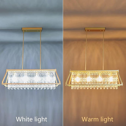 LMQNINE Chandeliers for Dining Room, 4-Light Trapezoidal Industrial Dining Room Light Fixture Farmhouse Chandelier Crystal Pendant Lights Kitchen Island Living Room (Gold 35.43 inch)