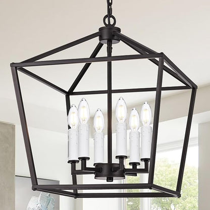 MELUCEE Vintage Lantern Pendant Light 6 Light Industrial Cage Chandelier with E12 White Candle-shaped Base Oil Rubbed Bronze Rustic Geometric Hanging Light Fixture for Kitchen Island Foyer Dining Room