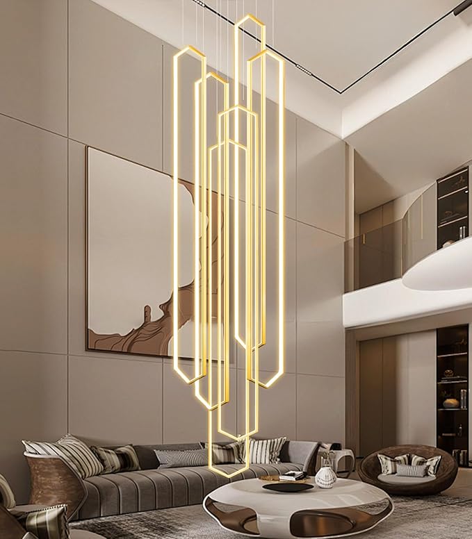 6 Rings Large Chandelier for Staircase Modern High Ceiling Chandelier LED Dimmable Chandeliers for Foyer Staircase Foyer Enterway Living Room Villa Gold