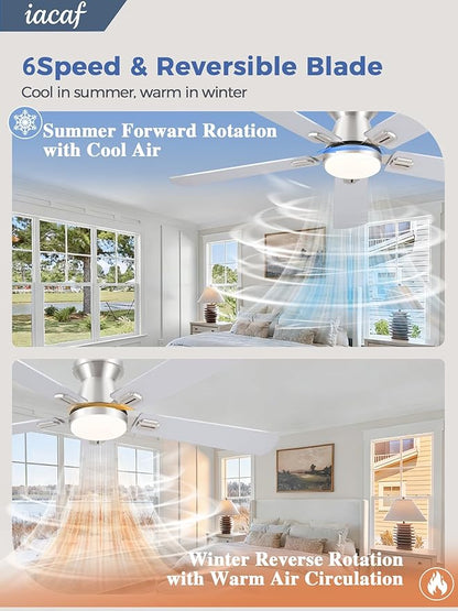 Ceiling Fans with Lights, 52'' Low Profile Ceiling Fan with Light and Remote/APP Control, Dimmable, Qiuet DC Motor, Flush Mount Ceiling Fan for Indoor Bedroom Living Room, Nickel