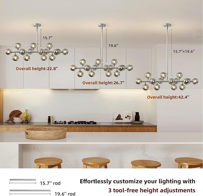 16-Light Mid Century Modern Chandelier: 39.4" Long Linear Chrome Sputnik Chandeliers - Smoke Grey Glass Globe Dining Room Light Fixture - Silver Adjustable Chandelier for Living Room Kitchen Island