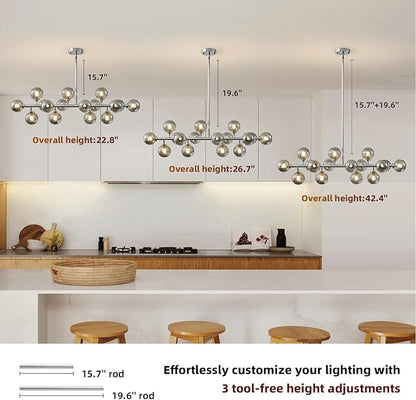 16-Light Mid Century Modern Chandelier: 39.4" Long Linear Chrome Sputnik Chandeliers - Smoke Grey Glass Globe Dining Room Light Fixture - Silver Adjustable Chandelier for Living Room Kitchen Island