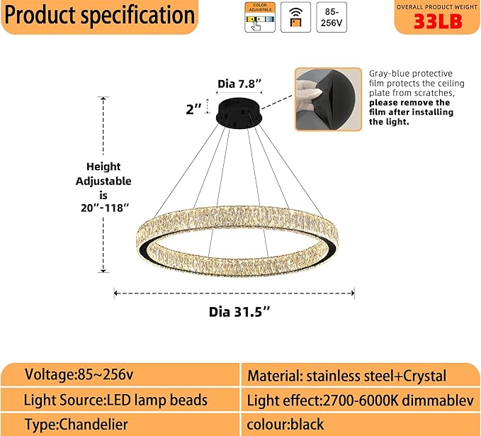 Modern LED Dimmable Crystal Chandelier 31.5" Ring Pendant Light Adjustable Black Round Crystal Chandelier Light Fixtures for Dining Room Living Room