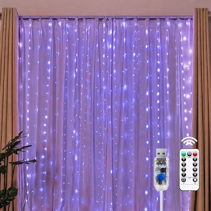 Brightown 300 LED Purple Fairy Curtain Lights, 9.8ft x 9.8ft String Lights, USB Plug in 8 Lighting Modes Christmas String Hanging Lights with Remote for Bedroom Indoor Outdoor Party Xmas Purple 1 Pack