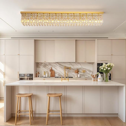 Siljoy 13-Light Modern Crystal Chandelier, Large Rectangular Gold K9 Crystal Raindrop Chandelier, Dimmable Flush Mount Crystal Ceiling Light for Dining Room Living Room Kitchen Island L59''