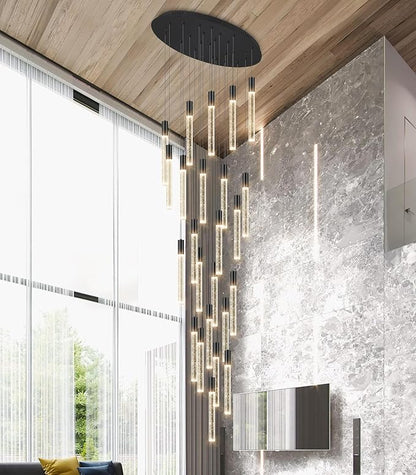 HAIXIANG 13 Foot High Ceiling Chandelier for Entryway Modern Crystal Lights for Living Room Foyer Flush Mount Sloping Ceiling Pendant Light Fixture Remote Dimmable 24-Lights Black