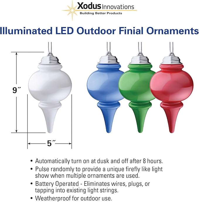Xodus Innovations WP610-3 Battery Powered 8 inch LED Finial Ornaments, Pulsing Action, Dusk Sensor (Pack of 3), Blue