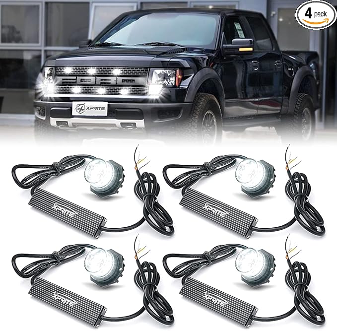 Xprite Hideaway Strobe Lights White LED Strobe Light Kit with 14 Flash Patterns Grill Strobe Lights for Trucks Surface Mount Headlight Taillight Emergency Warning for Work and Tow Vehicles - 4PCS