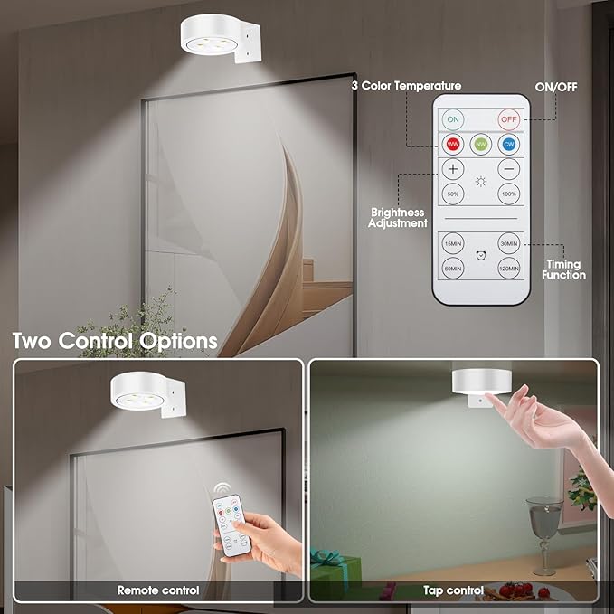 Picture Lights for Wall, 3 Lighting Modes Magnetic Art Display Light,Battery Operated Led Painting Light with Remote Control Dimmable & Timer,6Pack White