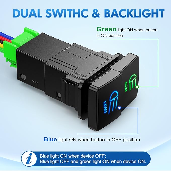 Nilight High Beam & Low Beam Dual Push Button Switch 12V ON Off Switches with Connector Wire Kit 1.28" x 0.87" Replacement for Toyota Sequoia Highlander Tacoma Tundra 4Runner RAVR Yaris