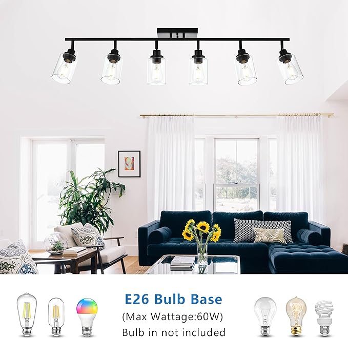 MELUCEE Ceiling Track Lighting Kits 6 Light Bathroom Light Fixtures Wall Mount with Flexibly Rotatable Light Head, Modern Black Spotlights with Clear Glass Shade, 45.3 Inch