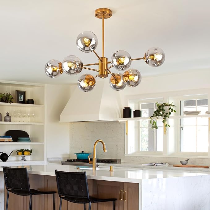 DDLLDESHI Gold Chandelier 8 Head Dining Room Light Fixture, Sliver Glass Globe Shade Kitchen Lights Modern Chandeliers (Ceiling Hanging Lighting Fixtures with Sputnik Pendant)