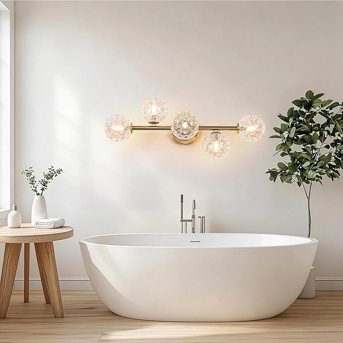 Gold Brass Globe Vanity Light - Vintage 5-Lights Wall Sconce - Sphere Round Lights Fixture with Stained Hammered Glass Shade - Mid Century Modern Sconces for Bathroom Bedroom Living Room Entry Porch