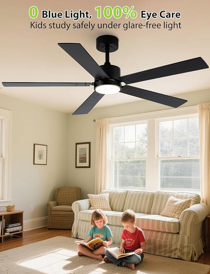 Black Ceiling Fans with Lights, 52 Inch Modern Ceiling Fan with Remote Outdoor Ceiling Fan for Bedroom, Living Room,High CFM Ceiling Fans with 3CCT LED Lights Kit, Quiet DC Motor, Timer