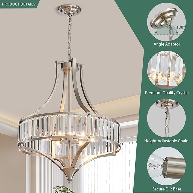 Modern Crystal Chandelier Brushed Nickel, 6-Light Round Pendant Lighting Fixtures, 21.6" Height Adjustable Ceiling Light for Living Room, Kitchen, Dining Room