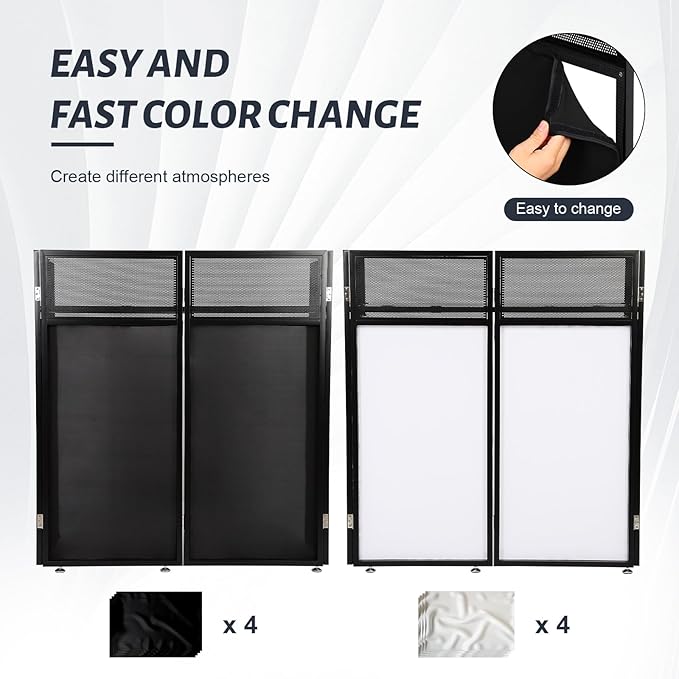 Portable DJ Booth Table Station 44"x42.2"x20.6", Foldable Metal Frame DJ Facade with Black & White Scrims, Detachable 40"x20" DJ Table, Adjustable Height, Carry Bag for Show, Party, Wedding, Events