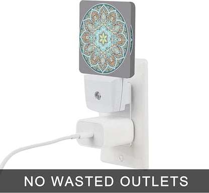 Mandala Floral Night Light,Yellow and Brown Ethnic Style Plug-in Night Lights with Dusk-to-Dawn Sensor for Stairway/Hallway/Bedroom Sleep Friendly lamp for Women/Girls/Boys Gift,0.5W