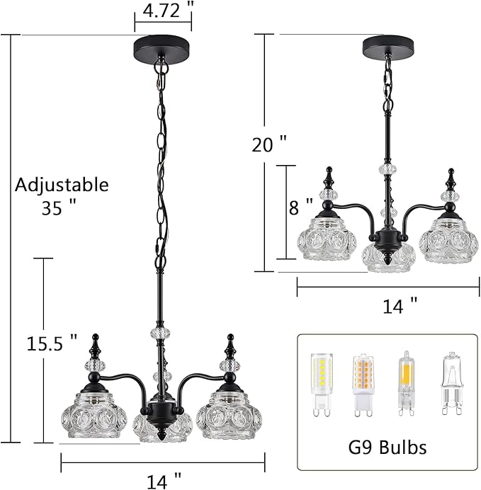 Modern 3-Light Chandeliers Black Kitchen Island Pendant Light for Farmhouse Living Room Bedroom Hotel