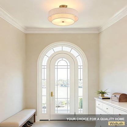 Modern Semi Flush Mount Ceiling Light 18" Modern Gold 3-Lights Drum Ceiling Lighting Fixture Vintage Linen Golden Ceiling Lamp for Laundry Room, Kitchen, Basement, Dining Room, Bedroom