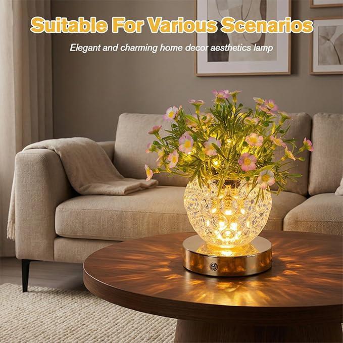 Flower Table Lamp, 3-Color Touch Dimming Heronsbill Glass Night Light, Rechargeable Artificial Flower Light, Desktop Ambient Light Romantic Gifts for Girls Women Mom (White-Heronsbill)