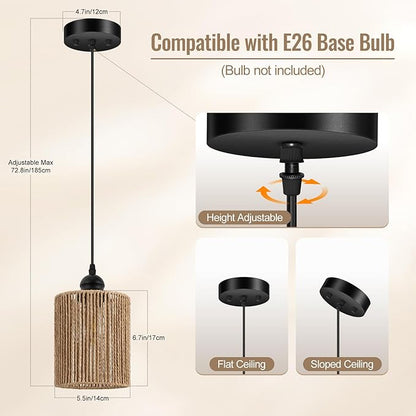 BoostArea Rattan Pendant Lights Kitchen Island, Farmhouse Chandelier with Handwoven Wicker Shade, Adjustable Height Boho Hanging Light for Kitchen Island/Dining Room/Bedroom/Hallway, 1 Pack, No Bulb