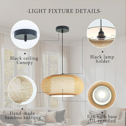 Bamboo Pendant Light Dining room light japanese Light fixture Country style Ceiling Hanging Light Beige Boho Antique Lantern Applicable for Kitchen Island Teahouse Living Room bedroom Restaurant