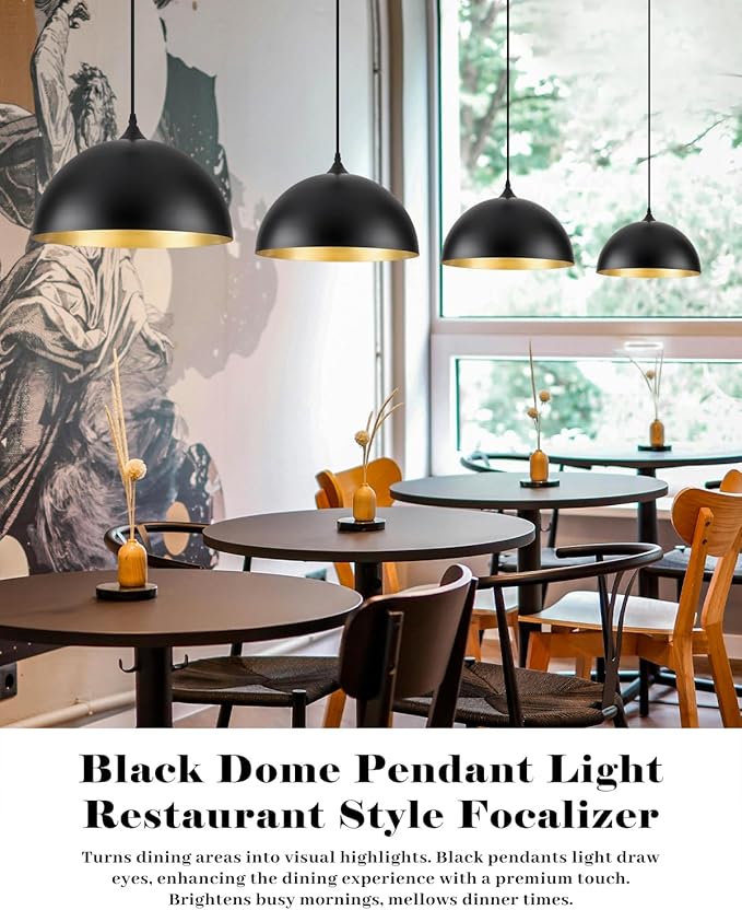 Black Pendant Lights Kitchen Island 3 Pack, 14 Inch Large Dome Pendant Light, Black and Gold Farmhouse Industrial Pendant Light, Island Pendant Lights for Kitchen, Dining Room