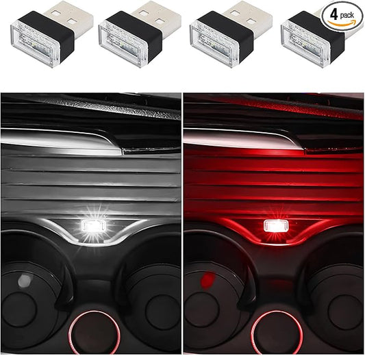Dickno 4 PCS USB LED Car Interior Atmosphere Lamp, Portable Mini LED Night Light, Plug-in USB Interface Trunk Ambient Lighting Kit, Universal Vehicle Interior Accessories (White+Red)