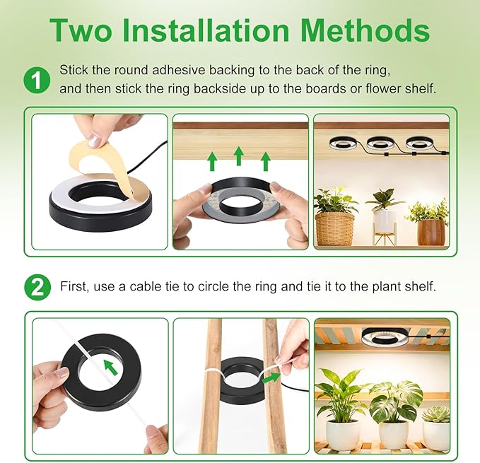 Full Spectrum Grow Light for Indoor Plants, Warm White 3 Head Black Angel Ring Ceiling and Under Cabinet Plant Lamp with 6/12/16H Timer, 10 Dimmable Levels and 3 Modes