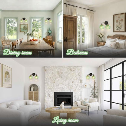 2-Lights Bathroom Wall Light Fixtures Modern Vanity Light with Leaf Texture Glass Globe Shades Emerald Green Mid Century Modern Wall Lamp Sconce for Over Mirror Living Room Cabinet