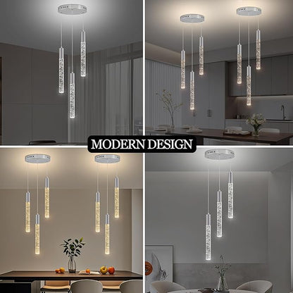 Modern Crystal Chandelier 3-Lights, Spiral LED Raindrop Kitchen Island Pendant Lighting, Bubble Foyer Dinimg Room Hanging Light Fixture Remote Control Chrome