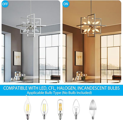 XINGQI 15“ Modern Chandelier 8-Light Brushed Nickel Geometric Pendant Lighting Farmhouse Ceiling Light Fixtures for Dining Room Living Room Kitchen Island Bedroom Hallway