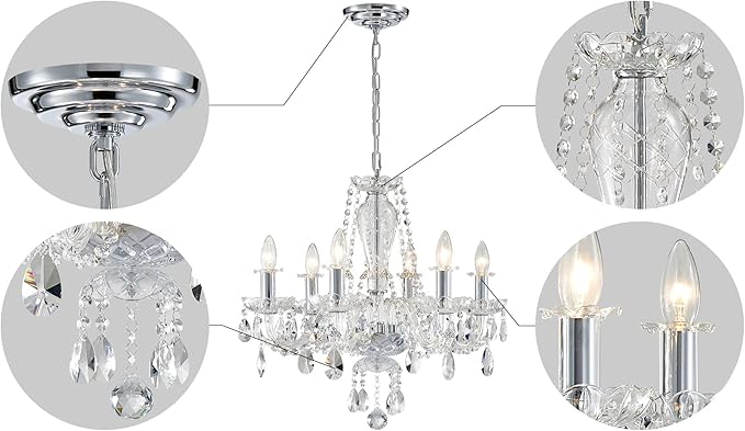 AGV LIGHTING Mid-Century Modern Chandeliers, Crystal Pendant Light Fixture, with 6-Lights, D22 x H20, Adjustable Chains 59", Chrome Finish