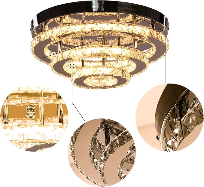 Modern LED Crystal Chandeliers 3-Tier Flush Mount Ceiling Light Fixture Round LED Crystal Chandelier Light for Bedroom Bathroom Kitchen Office(Warm White)