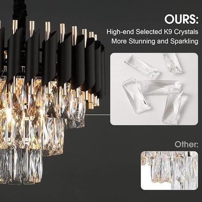 A AXILIXI Modern Crystal Chandeliers 3 Tiers Black and Gold Pendant Light Fixtures 16” Round Flush Mount Chandeliers Ceiling Lighting Dimmable for Living Room Dining Room Foyer Bedroom Kitchen