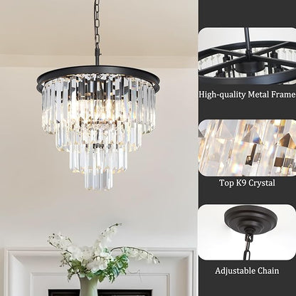 Black Crystal Chandeliers for Dining Room, 4-Tier 5 Lights Modern Chandelier Contemporary Luxury Top K9 Crystal Ceiling Pendant Light Fixture for Foyer Kitchen Bedroom Closet 18"