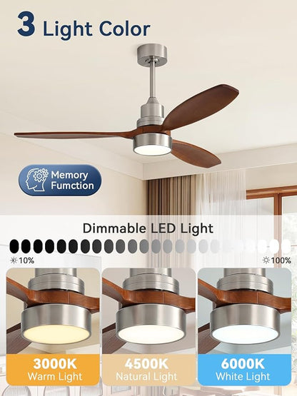 Sofucor 52 inch Solid Wood Ceiling Fan with Light, Quiet 6-Speed 3 Blades Reversible LED Ceiling Fan, Modern Rustic Fan with Dimmable Light for Living Room Bedroom Home Office Cafe Patio Porch