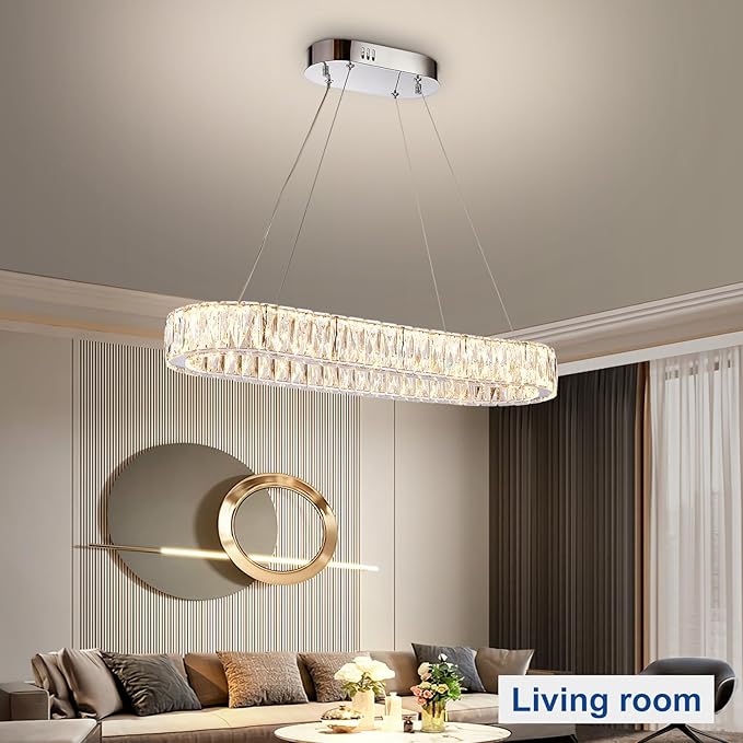 Depuley Crystal Chandeliers for Dining Room: 35.4 Inch Modern Linear Chandelier Contemporary Rectangle Pendant Light Fixture for Kitchen Island Bar Over Table with Remote Control