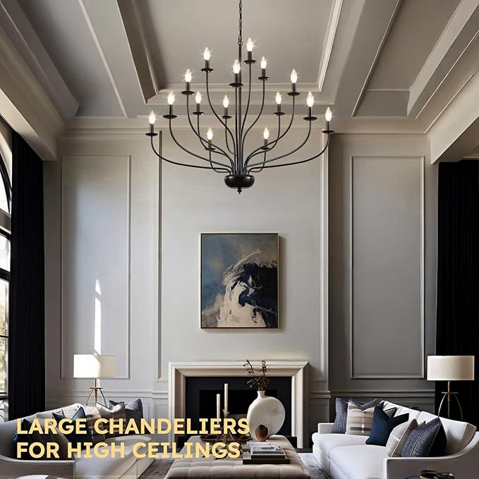 15-Light Black Farmhouse Chandelier, 39" Modern Farmhouse Dining Room Light Fixture for Hight Ceiling, Metal Vintage Entryway Chandelier for Foyer Hallway Entryway Living Room Kitchen E12