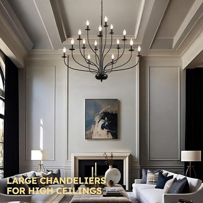 15-Light Black Farmhouse Chandelier, 39" Modern Farmhouse Dining Room Light Fixture for Hight Ceiling, Metal Vintage Entryway Chandelier for Foyer Hallway Entryway Living Room Kitchen E12